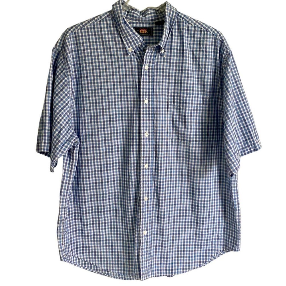 Route 66 Short Sleeve Cotton Button Down Shirt Blue White Mens Large
